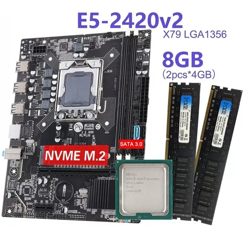 Kit com placa-mãe X79 LGA1356, processador Intel Xeon E5-2420 v2 e dois pentes de memória de 4 GB.