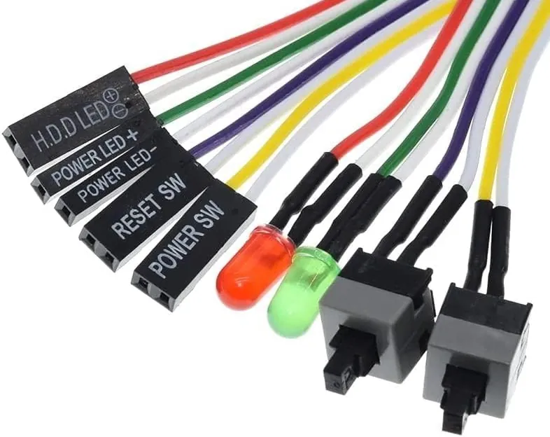Cabos do painel frontal com os conectores HDD LED, POWER LED +, POWER LED -, RESET SW e POWER SW.