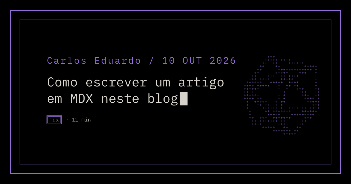 Capa gerada deste texto: o nome Carlos Eduardo e a data, o título Como escrever um artigo em MDX neste blog, a tag MDX e o tempo de leitura.